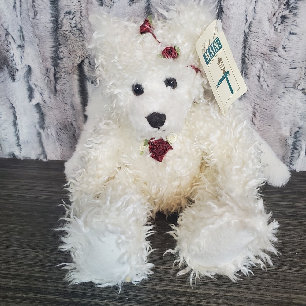 First & Main Shaggy Angel Bear 8" Plush Soft Wings Red Rose Accents White Teddy